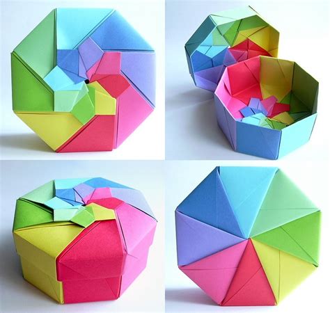 four boxes each showing different view of origami rainbow octagonal